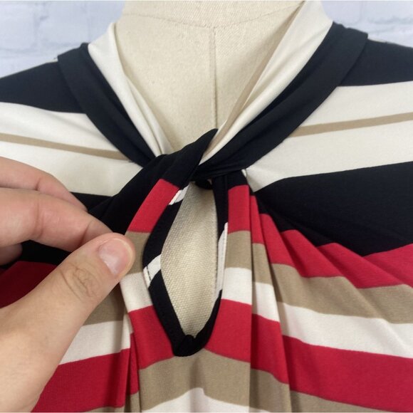 ⭐ 3/$15 Tommy Hilfiger Medium White Black Pink Tan Stripe Ruched Blouse Tank Top - Picture 4 of 9